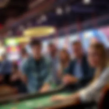 A bustling physical sports betting venue with enthusiastic patrons