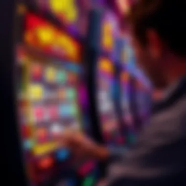 Close-up of a player interacting with a colorful slot machine screen.