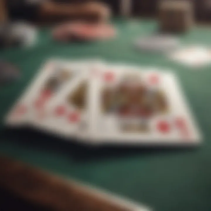 A close-up view of three card poker cards laid out on a table