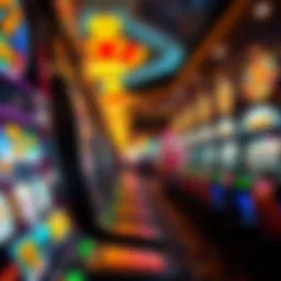 A vibrant display of penny slot machines with bright lights in a Las Vegas casino.
