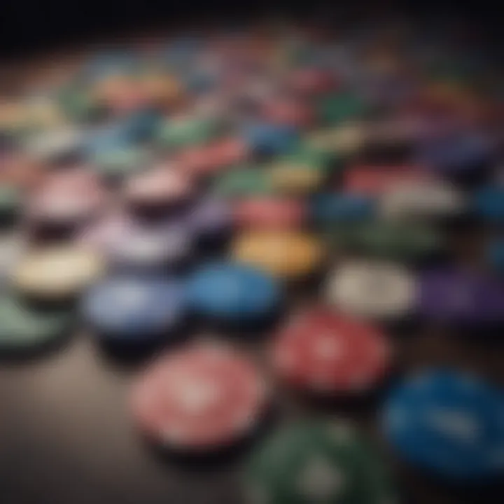 Close-up of colorful poker chips arranged neatly