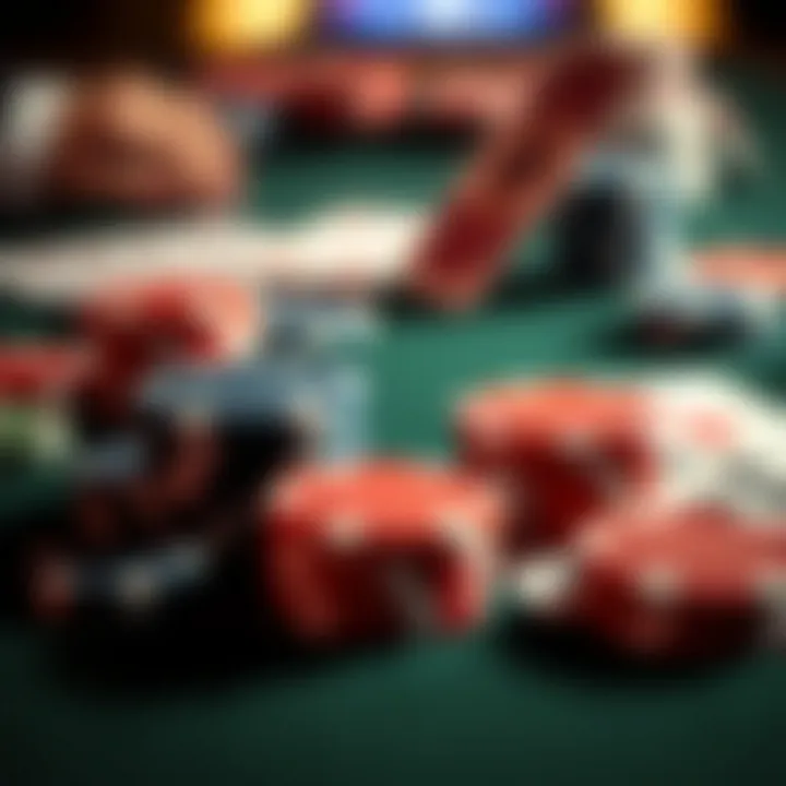 Close-up of poker chips and cards on a table