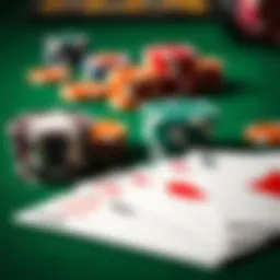 A close-up view of poker chips and cards on a green felt table.