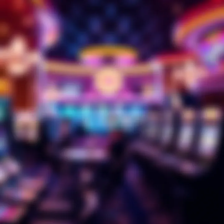 Vibrant Casino Interior An elegant casino interior showcasing vibrant slot machines and gaming tables.