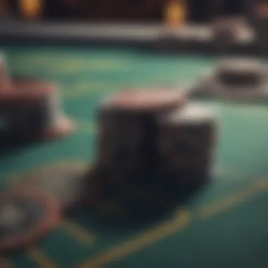 Close-up of poker chips and cards on a gaming table