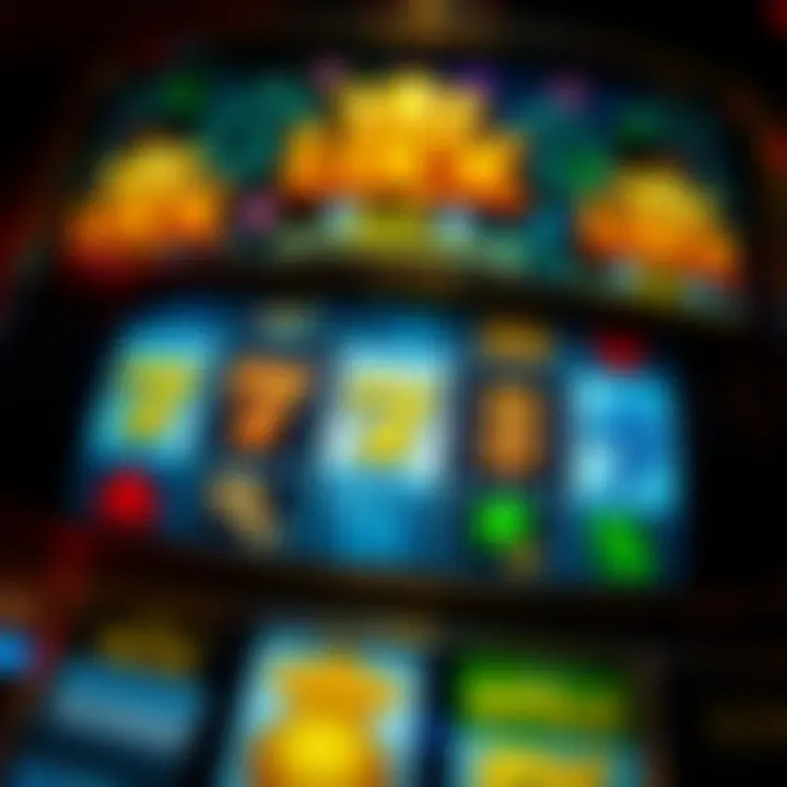 Close-up of a slot machine screen displaying various symbols