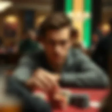 A focused player at the poker table displaying a neutral expression