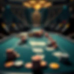 A strategic poker table setup with chips and cards
