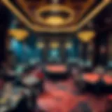 Intricate layout of a live casino poker room showcasing tables and players immersed in gameplay