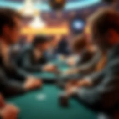 Player Strategy and Psychology in Poker Focused players engaged in a strategic poker game, emphasizing psychology and strategy